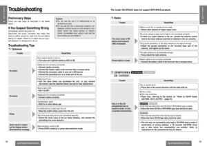 Page 16CQ-DFX683/DF583/DF203U
CQ-DFX683/DF583/DF203U
E
N
G
L
I
S
H
24
39
E
N
G
L
I
S
H
2338
TroubleshootingPreliminary StepsCheck and take steps as described in the tables
below.If You Suspect Something WrongImmediately switch the power off.
Disconnect the power connector and check that
there is neither smoke nor heat from the unit before
asking for repairs. Never try to repair the unit your-
self because it is dangerous to do so.No power.
Trouble
Car’s engine switch is not on.
➡Turn your car’s ignition switch...