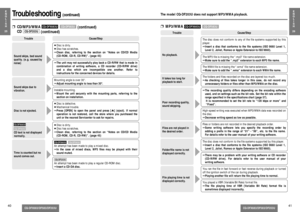 Page 17CQ-DFX683/DF583/DF203U
CQ-DFX683/DF583/DF203U
E
N
G
L
I
S
H
26
41
E
N
G
L
I
S
H
2540
Troubleshooting 
(continued)
Disc is not ejected.
Trouble
Cause/Step
CD text is not displayed
normally.Time is counted but no
sound comes out.
The folders and ﬁles recorded on the disc are layered too much.
➡As checking of ﬁles takes longer in this case, do not record any
unnecessary folders or ﬁles other than MP3/WMA on the disc.
It takes too long for
playback to start.
Mounting angle is over 30o.
➡Adjust mounting angle...