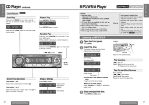 Page 10E
N
G
L
I
S
H
12
27
CQ-DFX683/DF583/DF203U
MP3/WMA Player
Open the front panel.Press [OPEN].
1
Stop and eject the disc.Press [OPEN]and [