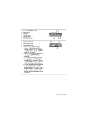 Page 1111(ENG) VQT3D74
8 Camera ON/OFF switch
9Zoom lever
10 Speaker
11 Microphone
12 Shutter button
13 [E.ZOOM] button
14 Tripod receptacle
15 Card/Battery door
16 DC coupler cover•When using an AC adaptor, 
ensure that the Panasonic DC 
coupler (DMW-DCC10; optional) 
and AC adaptor (DMW-AC5PP; 
optional) are used.
•Always use a genuine Panasonic 
AC adaptor (DMW-AC5PP; 
optional).
•It is recommended to use a fully 
charged battery or AC adaptor 
(DMW-AC5PP; optional) and DC 
coupler (DMW-DCC10; optional)...