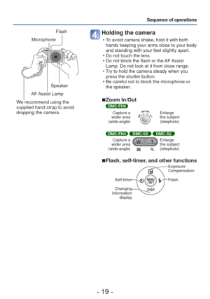 Page 19- 19 -
Sequence of operations
Holding the camera
 • To avoid camera shake, hold it with both hands keeping your arms close to your body 
and standing with your feet slightly apart.
 • Do not touch the lens.
 • Do not block the flash or the AF Assist  Lamp. Do not look at it from close range.
 • Try to hold the camera steady when you  press the shutter button.
 • Be careful not to block the microphone or  the speaker.
 
■Zoom In/Out 
DMC-FH6
Capture a 
wider area 
(wide-angle)
Enlarge 
the subject...