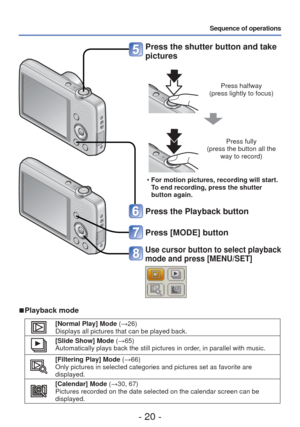 Page 20- 20 -
Sequence of operations
 Press the shutter button and take 
pictures
Press halfway
(press lightly to focus)
Press fully
(press the button all the  way to record)
 • For motion pictures, recording will start. 
To end recording, press the shutter 
button again.
Press the Playback button
Press [MODE] button
Use cursor button to select playback 
mode and press [MENU/SET]
 
■ Playback mode
[Normal Play] Mode (→26)
Displays all pictures that can be played back.
[Slide Show] Mode  (→65)
Automatically...