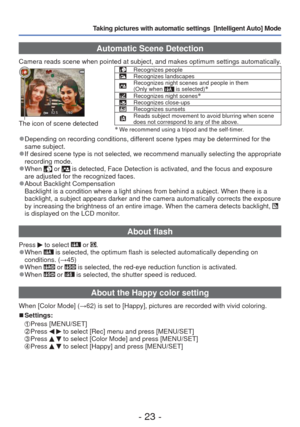 Page 23- 23 -
Taking pictures with automatic settings  [Intelligent Auto] Mode 
Automatic Scene Detection
Camera reads scene when pointed at subject, and makes optimum settings a\
utomatically.
The icon of scene detected
Recognizes peopleRecognizes landscapesRecognizes night scenes and people in them 
(Only when  is selected)∗Recognizes night scenes∗Recognizes close-upsRecognizes sunsetsReads subject movement to avoid blurring when scene 
does not correspond to any of the above.
∗ We recommend using a tripod...