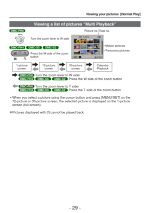 Page 29- 29 -
Viewing your pictures  [Normal Play]
 Viewing a list of pictures “Multi Playback”
DMC-FH6
Turn the zoom lever to W side
DMC-FH4 DMC-S5 DMC-S2
Press the W side of the zoom 
buttonPicture no./Total no.
Motion pictures
Panorama pictures
1-picture 
screen12-picture  screen30-picture screenCalendar 
Playback
  DMC-FH6 Turn the zoom lever to W side/DMC-FH4 DMC-S5 DMC-S2 Press the W side of the zoom button
  DMC-FH6 Turn the zoom lever to T side/DMC-FH4 DMC-S5 DMC-S2 Press the T side of the zoom button...
