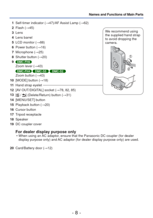 Page 8- 8 -
Names and Functions of Main Parts
1 Self-timer indicator ( →47)/AF Assist Lamp (→62)
2 Flash (→45)
3 Lens
4 Lens barrel
5 LCD monitor ( →88)
6 Power button (→16)
7 Microphone ( →25)
8 Shutter button (→20)
9
DMC-FH6Zoom lever (→43)
DMC-FH4 DMC-S5 DMC-S2Zoom button (→43)
10 [MODE] button (→18)
11 Hand strap eyelet
12 [AV OUT/DIGITAL] socket ( →78, 82, 85)
13 [
 / ] (Delete/Return) button ( →31)
14 [MENU/SET] button
15 Playback button ( →20)
16 Cursor button
17 Tripod receptacle
18 Speaker
19 DC...