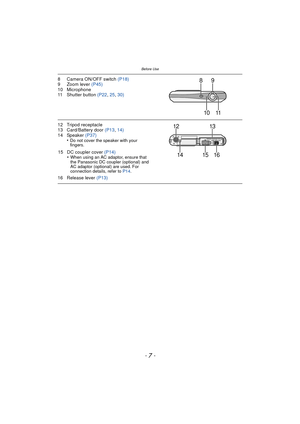 Page 7- 7 -
Before Use
8 Camera ON/OFF switch (P18)
9 Zoom lever (P45)
10 Microphone
11 Shutter button (P22 , 25,  30)
12 Tripod receptacle
13 Card/Battery door  (P13, 14)
14 Speaker  (P37)
•
Do not cover the speaker with your 
fingers.
16 Release lever  (P13)
15 DC coupler cover (P14)
•When using an AC adaptor, ensure that 
the Panasonic DC coupler (optional) and 
AC adaptor (optional) are used. For 
connection details, refer to  P14.
9
11
8
10
141516
13
12 