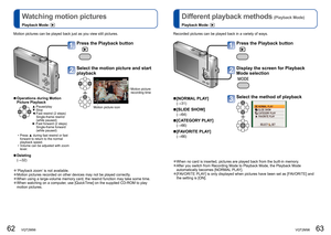 Page 3262   VQT2M98VQT2M98   63
  Watching motion pictures
Playback Mode: 
 
Different playback methods (Playback Mode)
Playback Mode: 
  ●‘Playback zoom’ is not available.  ●Motion pictures recorded on other devices may not be played correctly.   ●When using a large-volume memory card, the rewind function may take some time.  ●When watching on a computer, use [QuickTime] on the supplied CD-ROM to play 
motion pictures.  Motion pictures can be played back just as you view still pictures. 
  ■Operations during...