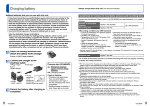 Page 58   VQT2M98VQT2M98   9
Always charge before first use! (not sold pre-charged) 
Charging battery
  ■About batteries that you can use with this unit
It has been found that counterfeit battery packs which look very similar to the 
genuine product are made available to purchase in some markets. Some of 
these battery packs are not adequately protected with internal protection to 
meet the requirements of appropriate safety standards. There is a possibility 
that these battery packs may lead to fire or...