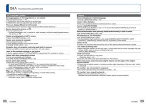 Page 4588   VQT2M98VQT2M98   89
Q&A  Troubleshooting (Continued)
TV, computer, printer
No image appears on TV. Image blurred or not colored.  ●Not connected correctly. (→79)  ●The television has not been switched to auxiliary input.   ●The television does not support the type of card used. 
TV screen display different to LCD monitor.  ●Aspect ratio may be incorrect or edges may be cut off with certain televisions.
Cannot play motion pictures on TV.  ●Card is inserted into TV.
 →  Connect the camera to the TV...