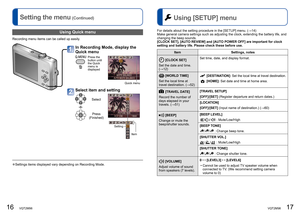 Page 916   VQT2M98VQT2M98   17
  Setting the menu (Continued)  Using [SETUP] menu
  ●Settings items displayed vary depending on Recording Mode.
 
Using Quick menu
Recording menu items can be called up easily.
In Recording Mode, display the 
Quick menu
Press the 
button until 
the Quick 
menu is 
displayed
Quick menu
Select item and setting
Press
(Finished)
Select
Setting
Item
[CLOCK SET]
Set the date and time. 
(→12)Set time, date, and display format.
[WORLD TIME]
Set the local time at 
travel destination....