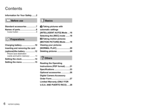 Page 66•••VQT2K15•(ENG)•(ENG) • VQT2K15•••7
ContentsStandard accessories
 Before use
Standard accessories ................7
Names of parts ............................8
Cursor•button•...................................9
 Preparations
Charging battery .......................10
Inserting and removing the card 
(optional)/the battery
 .................12Picture•save•destination••
(cards • and • built-in • memory)•...........13
Setting the clock .......................14
Setting the menu
 ......................15...