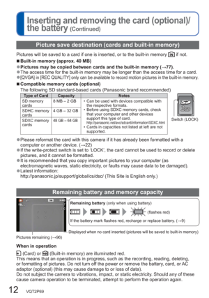 Page 1212   VQT2P69
Inserting and removing the card (optional)/
the battery
 (Continued)
Remaining battery and memory capacity
Pictures remaining (→96)Displayed when no card inserted (pictures will be saved to built-in memory)
Remaining battery (only when using battery)
(flashes red)
If the battery mark flashes red, recharge or replace battery. (→9)
When in operation
 (Card) or  (Built-in memory) are illuminated red.
This means that an operation is in progress, such as the recording, reading, deleting, 
or...
