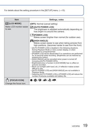 Page 19VQT2P69   19
For details about the setting procedure in the [SETUP] menu. (→15)
 [LCD MODE]
Make LCD monitor easier 
to see.[OFF]: Normal (cancel setting)
 [AUTO POWER LCD]:
The brightness is adjusted automatically depending on 
how bright it is around the camera.
 [POWER  LCD]:
Makes screen brighter than normal (for outdoor use).
 [HIGH  ANGLE]:
Makes screen easier to see when taking pictures from 
high positions. (becomes harder to see from the front)
  • [AUTO POWER LCD] is disabled in the following...