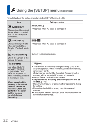 Page 2222   VQT2P69
 Using the [SETUP] menu (Continued)
 [VIDEO OUT]
Change the video output 
format when connected 
to a TV, etc. (Playback 
Mode only).[NTSC]/[PAL]
  • Operates when AV cable is connected. 
 
[TV ASPECT]
Change the aspect ratio 
when connected to a 
TV, etc. (Playback Mode 
only). / 
  • Operates when AV cable is connected.
[VERSION DISP.]
Check the version of the 
camera firmware.Current version is displayed.
 
[FORMAT]
Use when [BUILT-IN 
MEMORY ERROR] 
or [MEMORY CARD 
ERROR] appears, or...