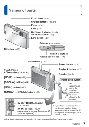 Page 7VQT2P69   7
  Names of parts
Microphone (→51)
Card/Battery door (→11 )
Release lever (→11 )
Zoom lever (→30)
Shutter button (→26, 51)
Flash (→36)
Lens (→6)
Self-timer indicator (→35)/
AF Assist Lamp (→62)
Lens cover (→24)
[AV OUT/DIGITAL] socket(→78, 80, 83)
[DC IN] socket (→78, 80)
  • Always use a genuine Panasonic AC 
adaptor (optional).
Touch Panel/
LCD monitor (→8, 34, 84)
[MODE] button (→28)
[DISPLAY] button (→34)
[MENU] button (→15)
[Q.MENU] (→17) /Delete button (→33)
Power button (→25)
Playback...