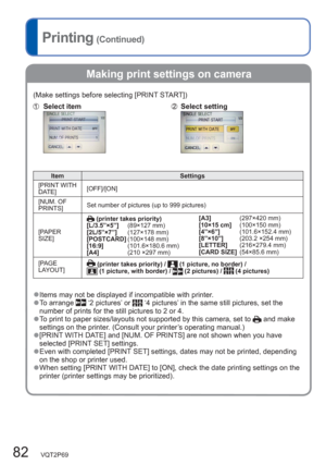 Page 8282   VQT2P69
Printing (Continued)
  Making print settings on camera
(Make settings before selecting [PRINT START])
Select itemSelect setting
Item Settings
[PRINT WITH 
DATE][OFF]/[ON]
[NUM. OF 
PRINTS]Set number of pictures (up to 999 pictures)
[PAPER 
SIZE]
 (printer takes priority)
[L/3.5”×5”]    (89×127 mm)
[2L/5”×7”]     (127×178 mm)
[POSTCARD] (100×148 mm)
[16:9]          (101.6×180.6 mm)
[A4]             (210 ×297 mm)[A3]             (297×420 mm)
[10×15 cm]    (100×150 mm)
[4”×6”]...