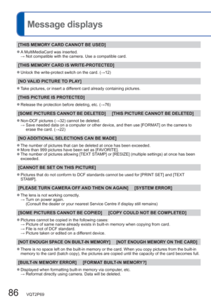 Page 8686   VQT2P69
Message displays
[THIS MEMORY CARD CANNOT BE USED]
  ●A MultiMediaCard was inserted.
 →  Not compatible with the camera. Use a compatible card. 
[THIS MEMORY CARD IS WRITE-PROTECTED]
  ●Unlock the write-protect switch on the card. (→12)
[NO VALID PICTURE TO PLAY]
  ●Take pictures, or insert a different card already containing pictures.
[THIS PICTURE IS PROTECTED]
  ●Release the protection before deleting, etc. (→76)
[SOME PICTURES CANNOT BE DELETED]     [THIS PICTURE CANNOT BE DELETED]...