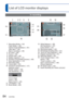 Page 8484   VQT2P69
  List of LCD monitor displays
In recording
1Recording Mode (→24)
Flash Mode (→36)
Optical Image Stabilizer (→61)
Jitter alert (→28)
Macro recording (→38)
2AF area (→28)3Focus (→28)4Picture size (→56)5Battery capacity (→12)6Number of recordable pictures (→96)7Save destination (→12)8Recording state9Travel date (→53)10Exposure compensation (→41)
Aperture value /
Shutter speed (→28)
ISO Sensitivity (→57)
Focus range
Zoom (→30) 
Macro Zoom (→39) 
11LCD Mode (→19)12Burst Mode (→60)
13White...