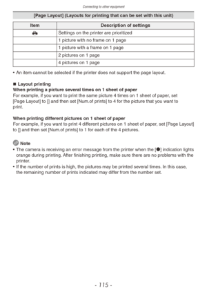 Page 115Connecting to other equipment
- 115 -
[Page Layout] (Layouts for printing that can be set with this unit)
ItemDescription of settings
h Settings on the printer are prioritized
3 1 picture with no frame on 1 page
4 1 picture with a frame on 1 page
5 2 pictures on 1 page
6 4 pictures on 1 page
•
 
An item cannot be selected if the pr
 inter does not support the page layout.
„„ Layout printing
When printing a picture several times on 1 sheet of paper
For example, if you want to print the same...