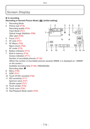 Page 116Others
- 116 -
„„In recording
Recording in Normal Picture Mode [1] (Initial setting)
1 Recording Mode
2  Picture siz e (P76)
Recording quality (P34)
Flash Mode (P51)
Optical Image Stabilizer (P86)
Jitter alert (P28): 0
3
 
F
 ocus (P27)
4
 
AF area 
 (P27)
5
 
AF Macro 
 (P55)
Macro Zoom (P56)
AF mode (P79)
6
 
Batter
 y indication (P12)
7
 
Built-in memor
 y (P16)
Access indication (P17): 2, 3
Number of recordable pictures (P135)
(When the number of recordable pictures exceeds 99999, it is...