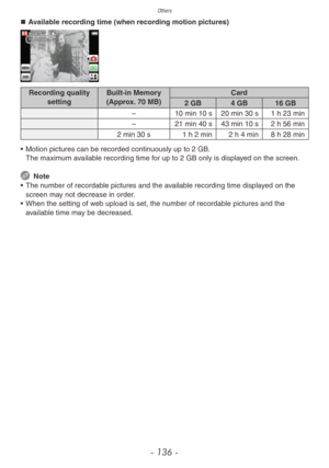 Page 136Others
- 136 -
„„Available recording time (when recording motion pictures)
Recording quality
setting Built-in Memory
(Approx. 70 MB) Card
2 GB 4 GB 16 GB
a –
10 min 10 s 20 min 30 s 1 h 23 min
x –
21 min 40 s 43 min 10 s 2 h 56 min
y 2 min 30 s 1 h 2 min 2 h 4 min 8 h 28 min
•
 
Motion pictures can be recorded contin
 uously up to 2 GB. 
The maximum available recording time for up to 2 GB only is displayed on the screen.
 Note
•
 The n umber of recordable pictures and the available recording...