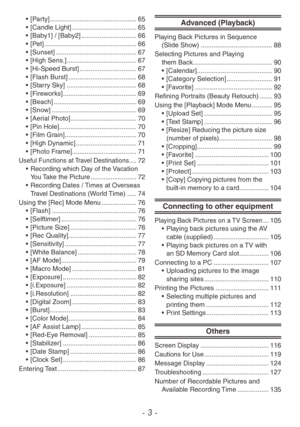 Page 3- 3 -
• [Party] ............................................... 65
•  [Candle Light]  ................................... 65
•
 
[Bab
 y1] / [Baby2]  
.............................. 66
•

 
[P
 et]  
.................................................. 66
•

 
[Sunset]
  
............................................ 67
•

 
[High Sens
 .]  
...................................... 67
•

 
[Hi-Speed Burst]
  
............................... 67
•

 
[Flash Burst]
  
..................................... 68
•...