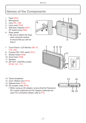 Page 7Before Use
- 7 -
1 Flash (P51)
2  Microphone
3
 
Lens 
 (P5, 120)
4
 
Lens co
 ver (P18)
5
 
Self-timer Indicator 
 (P57)
AF Assist Lamp (P85)
6
 
Str
 ap eyelet
• Be sure to attach the str ap 
when using the camera 
to ensure that you will not 
drop it.
7 Touch Panel / LCD Monitor (P8, 47,  116, 129)
8
 
Camer
 a ON / OFF switch (P21)
9
 
Shutter b
 utton (P22)
10
 
Zoom le
 ver (P48)
11
 
Speak
 er
12
 
[A
 V OUT / DIGITAL] socket 
(P105, 107, 111)
13 Tripod receptacle
14  Card / Batter y door (P14)...