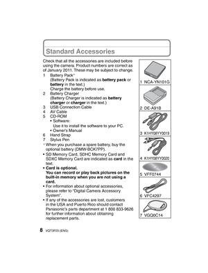 Page 88VQT3F03 (ENG)
Check that all the accessories are included before 
using the camera. Product numbers are correct as 
of January 2011. These may be subject to change.
1 Battery Pack
