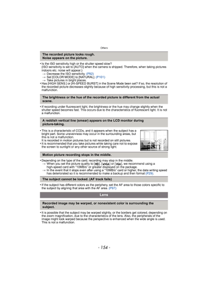 Page 154Others
- 154 -
•Is the ISO sensitivity high or the shutter speed slow?
(ISO sensitivity is set to [AUTO] when the camera is shipped. Therefore, when taking pictures 
indoors etc. noise will appear.)> Decrease the ISO sensitivity.  (P92)
> Set [COLOR MODE] to [NAT URAL].  (P101)
> Take pictures in bright places.
•Has [HIGH SENS.] or [HI-SPEED BURST] in the Scene Mode been set? If so, the resolution of 
the recorded picture decreases slightly because of high sensitivity processing, but this is not a...