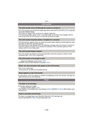 Page 155- 155 -
Others
•The LCD monitor turns off and the keypad light blinks when [AUTO LCD OFF] (P26) is selected 
for the [ECONOMY] Mode.
[This does not happen when using the AC adaptor (optional).] 
If the remaining battery power is low, it may take longer for the flash to be charged, and the 
time during which the LCD monitor is turned off may become longer.
•This phenomenon appears when you press the shutter button halfway to set the aperture value 
and does not affect the recorded pictures.
•This...