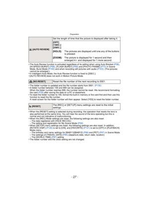 Page 27- 27 -
Preparation
•The Auto Review function is activated regardless of its setting when using Auto Bracket (P58), 
[HI-SPEED BURST] (P68) , [FLASH BURST] (P69) and [PHOTO FRAME]  (P73) in Scene 
Mode, Burst Mode  (P100) and when recording still pictures with audio  (P103). (The pictures 
cannot be enlarged.)
•In Intelligent Auto Mode, the Auto Review function is fixed to [2SEC.].•[AUTO REVIEW] does not work in Motion Picture Mode.
•The folder number is updated and the file number starts from 0001....