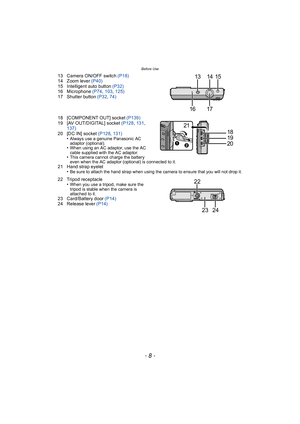 Page 8Before Use
- 8 -
13 Camera ON/OFF switch (P18)
14 Zoom lever  (P40)
15 Intelligent auto button  (P32)
16 Microphone  (P74, 103 , 125)
17 Shutter button (P32 , 74)
18 [COMPONENT OUT] socket  (P139)
19 [AV OUT/DIGITAL] socket  (P128, 131 , 
137)
20 [DC IN] socket (P128 , 131)
•
Always use a genuine Panasonic AC 
adaptor (optional).
•When using an AC adaptor, use the AC 
cable supplied with the AC adaptor.
•This camera cannot charge the battery 
even when the AC adaptor (optional) is connected to it.
21...