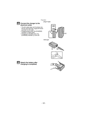 Page 10Preparation
- 10 -
Connect the charger to the 
electrical outlet.
•The AC cable does not fit entirely into 
the AC input terminal. A gap will remain 
as shown on the right.
•Charging starts when the [CHARGE] 
indicator A lights green.
•Charging is complete when the 
[CHARGE] indicator  A turns off.
plug-in type
inlet type
Detach the battery after 
charging is completed.
90 