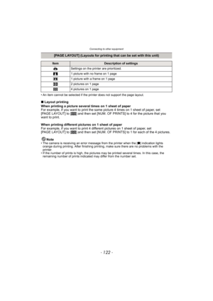 Page 122Connecting to other equipment
- 122 -
• An item cannot be selected if the printer does not support the page layout.
∫Layout printing
When printing a picture several times on 1 sheet of paper
For example, if you want to print the same picture 4 times on 1 sheet of paper, set 
[PAGE LAYOUT] to [ä] and then set [NUM. OF PRINTS] to 4 for the picture that you 
want to print. 
When printing different pictures on 1 sheet of paper
For example, if you want to print 4 different pictures on 1 sheet of paper, set...