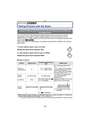 Page 39- 39 -
Basic
[REC] mode: ñ· ¿n 
Taking Pictures with the Zoom
You can zoom-in to make people and objects appear closer or zoom-out to record 
landscapes in wide angle. To make subjects appear even closer [maximum of 7.8k 
(DMC-FS12)/7.1k (DMC-FS62)], do not set the picture size to the highest setting for each 
aspect ratio (X/Y/W).
Even higher levels of magnification are possible when [DIGITAL ZOOM] is set to [ON] in 
[REC] menu.
∫Types of zooms
• When using the zoom function, an estimate of the focus...