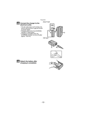 Page 10Preparation
- 10 -
Connect the charger to the 
electrical outlet.
• The AC cable does not fit entirely into 
the AC input terminal. A gap will remain 
as shown below.
• Charging starts when the [CHARGE] 
indicator A lights green.
• Charging is complete when the 
[CHARGE] indicator A turns off (after 
approx. 130 min).
plug-in type
inlet type
Detach the battery after 
charging is completed.
90 