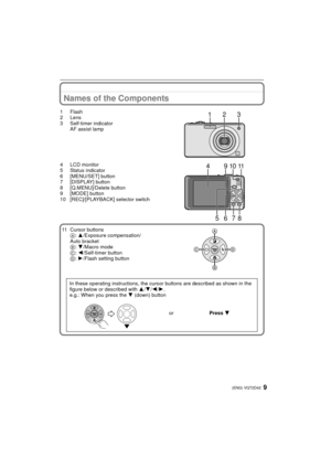 Page 99(ENG) VQT2D42
Names of the Components
1Flash
2Lens
3 Self-timer indicatorAF assist lamp
4 LCD monitor
5 Status indicator
6 [MENU/SET] button
7 [DISPLAY] button
8 [Q.MENU]/Delete button
9 [MODE] button
10 [REC]/[PLAYBACK] selector switch 11 Cursor buttons A: 3/Exposure compensation/
Auto bracket
B:  4/Macro mode
C:  2/Self-timer button
D:  1/Flash setting button
In these operating instructions, the cursor buttons are describ ed as shown in the 
figure below or described with  3/4 /2 /1.
e.g.: When you...