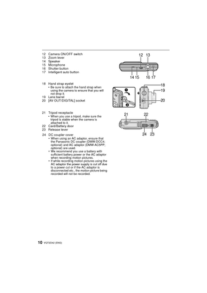 Page 10VQT2D42 (ENG)10
12 Camera ON/OFF switch
13 Zoom lever
14 Speaker
15 Microphone
16 Shutter button
17 Intelligent auto button
18 Hand strap eyelet
• Be sure to attach the hand strap when using the camera to ensure that you will 
not drop it.
19 Lens barrel
20 [AV OUT/DIGITAL] socket
21 Tripod receptacle
• When you use a tripod, make sure the tripod is stable when the camera is 
attached to it.
22 Card/Battery door
23 Release lever
24 DC coupler cover
• When using an AC adaptor, ensure that  the Panasonic...