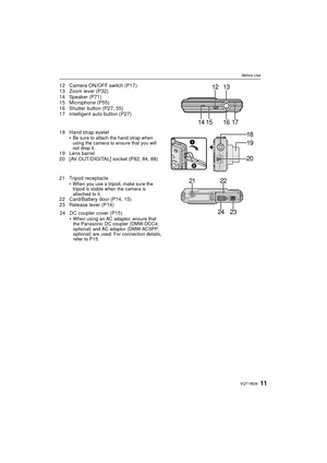 Page 1111VQT1W26
Before Use
12 Camera ON/OFF switch (P17)
13 Zoom lever (P32)
14 Speaker (P71)
15 Microphone (P55)
16 Shutter button (P27, 55)
17 Intelligent auto button (P27)
18 Hand strap eyelet
• Be sure to attach the hand strap when using the camera to ensure that you will 
not drop it.
19 Lens barrel
20 [AV OUT/DIGITAL] socket (P82, 84, 88)
21 Tripod receptacle
• When you use a tripod, make sure the tripod is stable when the camera is 
attached to it.
22 Card/Battery door (P14, 15)
23 Release lever (P14)...