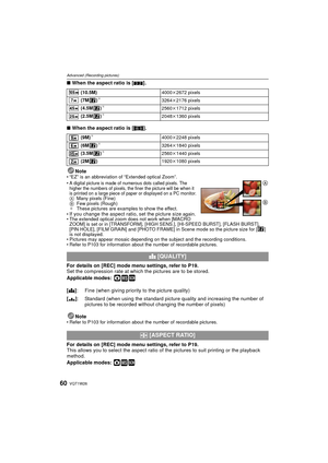 Page 60VQT1W2660
Advanced (Recording pictures)
∫When the aspect ratio is [ Y].
∫ When the aspect ratio is [ W].
Note
• “EZ” is an abbreviation of “Extended optical Zoom”.
•A digital picture is made of numerous dots called pixels. The 
higher the numbers of pixels, the finer the picture w ill be when it 
is printed on a large piece of paper or displayed on a PC monitor.
A Many pixels (Fine)
B Few pixels (Rough)
¢ These pictures are examples to show the effect.
•
If you change the aspect ratio, set the picture...