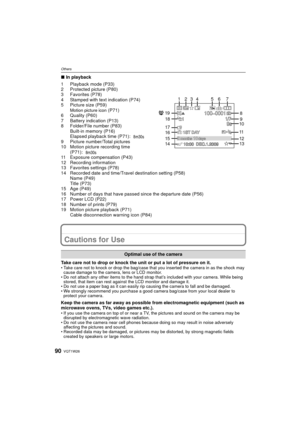 Page 90VQT1W2690
Others
∫In playback
1 Playback mode (P33)
2 Protected picture (P80)
3 Favorites (P78)
4 Stamped with text indication (P74)
5 Picture size (P59)
Motion picture icon (P71)
6 Quality (P60)
7 Battery indication (P13)
8 Folder/File number (P83) Built-in memory (P16)
Elapsed playback time (P71):
9 Picture number/Total pictures
10 Motion picture recording time  (P71):
11 Exposure compensation (P43)
12 Recording information
13 Favorites settings (P78)
14 Recorded date and time/Travel destination...
