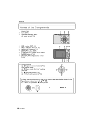 Page 10VQT1W2610
Before Use
Names of the Components
1 Flash (P38)
2 Lens (P91)
3 Self-timer indicator (P42)AF assist lamp (P67)
4 LCD monitor (P37, 89)
5 Status indicator (P15, 23, 27)
6 [MENU/SET] button (P17)
7 [DISPLAY] button (P37)
8 [Q.MENU] (P21)/Delete (P35) button
9 [MODE] button (P26)
10 [REC]/[PLAYBACK] selector switch  (P18)
11 Cursor buttons A: 3 /Exposure compensation (P43)/
Auto bracket (P44)
B : 4 /Macro mode (P41)/AF tracking 
(P29, 64)
C : 2 /Self-timer button (P42)
D : 1 /Flash setting button...