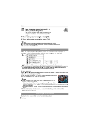 Page 28
VQT1M5928
Basic
∫When taking pictures using the flash (P39)
∫ When taking pictures using the zoom (P32)
Note
•Be careful not to move the camera when you press the shutter button.Do not cover the flash or the AF assist lamp with your fingers or other objects.Do not touch the front of the lens.
When the camera identifies the optimum sc ene, the icon of the scene concerned is 
displayed in blue for 2 seconds, after which its color changes to the usual red.

[¦] is set if none of the scenes are applicable,...