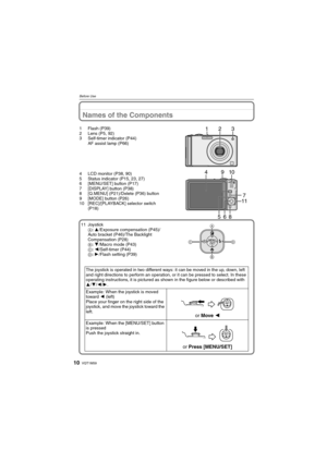 Page 10
VQT1M5910
Before Use
Names of the Components
1 Flash (P39)
2 Lens (P5, 92)
3 Self-timer indicator (P44)AF assist lamp (P66)
4 LCD monitor (P38, 90)
5 Status indicator (P15, 23, 27)
6 [MENU/SET] button (P17)
7 [DISPLAY] button (P38)
8 [Q.MENU] (P21)/Delete (P36) button
9 [MODE] button (P26)
10 [REC]/[PLAYBACK] selector switch  (P18)
11 Joystick
A : 3 /Exposure compensation (P45)/
Auto bracket (P46)/The Backlight 
Compensation (P28)
B : 4 /Macro mode (P43)C : 2 /Self-timer (P44)D : 1 /Flash setting (P39)...