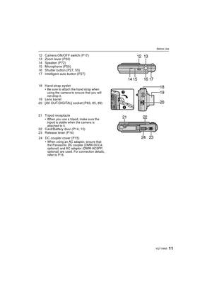 Page 1111VQT1W65
Before Use
12 Camera ON/OFF switch (P17)
13 Zoom lever (P32)
14 Speaker (P72)
15 Microphone (P55)
16 Shutter button (P27, 55)
17 Intelligent auto button (P27)
18 Hand strap eyelet
• Be sure to attach the hand strap when using the camera to ensure that you will 
not drop it.
19 Lens barrel
20 [AV OUT/DIGITAL] socket (P83, 85, 89)
21 Tripod receptacle
• When you use a tripod, make sure the tripod is stable when the camera is 
attached to it.
22 Card/Battery door (P14, 15)
23 Release lever (P14)...