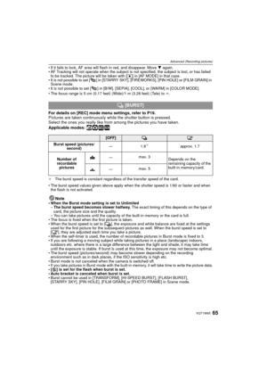 Page 6565VQT1W65
Advanced (Recording pictures)
• If it fails to lock, AF area will flash in red, and disappear. Move 4 again.
• AF Tracking will not operate when the subject is not specified, the subject is lost, or has failed 
to be tracked. The picture will be taken with [ Ø] in [AF MODE] in that case. 
• It is not possible to set [ ] in [STARRY SKY], [FIREWORKS], [PIN HOLE] or [FILM GRAIN] in  Scene mode.
• It is not possible to set [ ] in [B/W], [SEPIA], [COOL], or [WARM] in [COLOR MODE].
For details on...