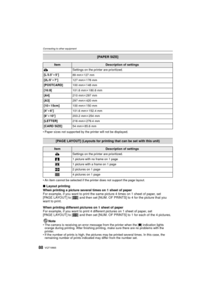 Page 88VQT1W6588
Connecting to other equipment
• Paper sizes not supported by the printer will not be displayed.
• An item cannot be selected if the printer does not support the page layout.
∫ Layout printing
When printing a picture several times on 1 sheet of paper
For example, if you want to print the same picture 4 times on 1 sheet of paper, set 
[PAGE LAYOUT] to [ ä] and then set [NUM. OF PRINTS] to 4 for the picture that you 
want to print. 
When printing different pictures on 1 sheet of paper
For example,...