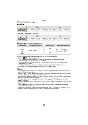 Page 50Recording
- 50 -
∫The available flash range
(DMC-FS35) 
(DMC-FS18) (DMC-FS16) (DMC-FS14) 
∫ Shutter speed for each flash setting
¢1The shutter speed changes depending on the [Stabilizer] setting.¢2 When [ ] in [Sensitivity] is set.
• ¢ 1, 2: The shutter speed becomes a maximum of 1 second in the following cases.
– When the Optical Image Stabilizer is set to [OFF].
– When the camera has determined that there is very little jitter when the Optical Image 
Stabilizer is set to [ON].
• In Intelligent Auto...