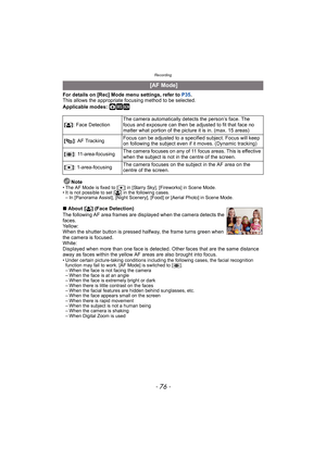 Page 76Recording
- 76 -
For details on [Rec] Mode menu settings, refer to P35.
This allows the appropriate focusing method to be selected.
Applicable modes: 
·¿
Note• The AF Mode is fixed to [ Ø] in [Starry Sky], [Fireworks] in Scene Mode.
• It is not possible to set [š] in the following cases.
– In [Panorama Assist], [Night Scenery], [Food] or [Aerial Photo] in Scene Mode.
∫ About [ š] (Face Detection)
The following AF area frames are displayed when the camera detects the 
faces.
Yellow:
When the shutter...