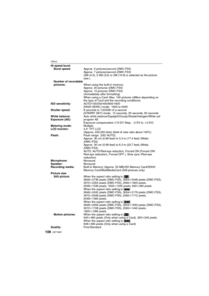 Page 108VQT1M97108
Others
Hi-speed burst
Burst speed:Approx. 6 pictures/second (DMC-FS5)
Approx. 7 pictures/second (DMC-FS3)
(2M (4:3), 2.5M (3:2) or 2M (16:9) is selected as the picture 
size.)
Number of recordable 
pictures:When using the built-in memory:
Approx. 20 pictures (DMC-FS5)
Approx. 15 pictures (DMC-FS3)
(immediately after formatting)
When using a Card: Max. 100 pictures (differs depending on 
the type of Card and the recording conditions)
ISO sensitivity:AUTO/100/200/400/800/1600
[HIGH SENS.] mode:...